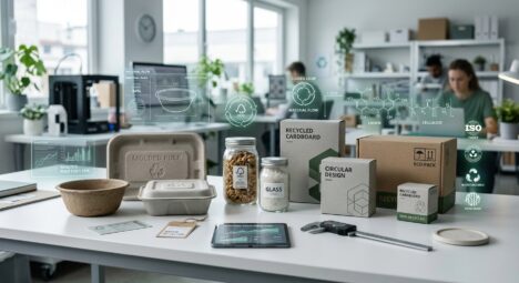 A professional editorial photograph of diverse sustainable packaging prototypes—including molded pulp containers, clear glass jars, and minimalist recycled cardboard boxes—arranged neatly on a sleek, white laboratory workbench. Subtle, glowing digital overlays of technical schematics, circular economy symbols, and molecular structures float around the packaging, representing material analysis and compliance. The background is a bright, modern industrial design studio with soft, diffused daylight. The composition emphasizes precision, sustainability, and high-tech quality control, using a clean color palette of forest green, cool gray, and crisp white. High-resolution, cinematic lighting, with a shallow depth of field focusing on the detailed textures of the eco-friendly materials.