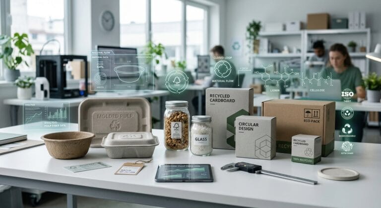 A professional editorial photograph of diverse sustainable packaging prototypes—including molded pulp containers, clear glass jars, and minimalist recycled cardboard boxes—arranged neatly on a sleek, white laboratory workbench. Subtle, glowing digital overlays of technical schematics, circular economy symbols, and molecular structures float around the packaging, representing material analysis and compliance. The background is a bright, modern industrial design studio with soft, diffused daylight. The composition emphasizes precision, sustainability, and high-tech quality control, using a clean color palette of forest green, cool gray, and crisp white. High-resolution, cinematic lighting, with a shallow depth of field focusing on the detailed textures of the eco-friendly materials.