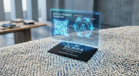 An editorial-style macro photograph of a high-quality, sustainable textile fabric with a complex weave. Hovering just above a sleek, integrated woven label is a glowing, translucent holographic interface representing a Digital Product Passport. The hologram features a stylized, luminous QR code and abstract data visualizations—such as interconnected nodes and circular flow icons—symbolizing supply chain transparency and a product's lifecycle. The background is a clean, modern, minimalist design studio with soft bokeh and professional, cool-toned lighting. The image captures a sophisticated fusion of traditional craftsmanship and futuristic digital technology, emphasizing traceability and environmental responsibility.